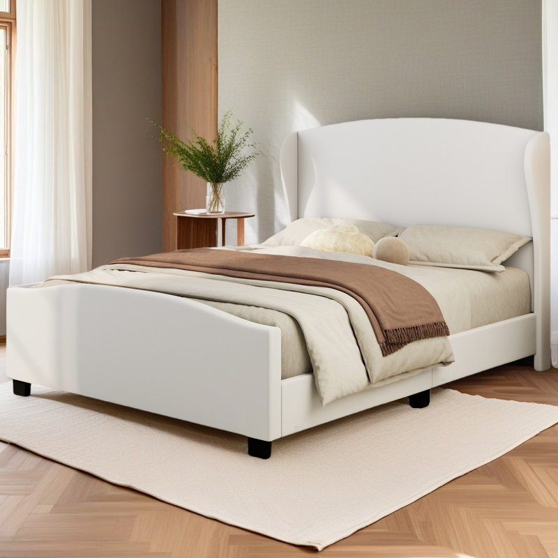Lit tapissier en lin à tête haute, Beige, Lit double