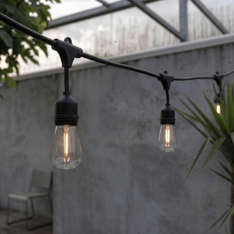 Ambience Pro 27 ft. Solar Outdoor Patio LED String Lights with 12 Warm White S14 Bulbs, 15 Hanging Hooks Included, Weatherproof