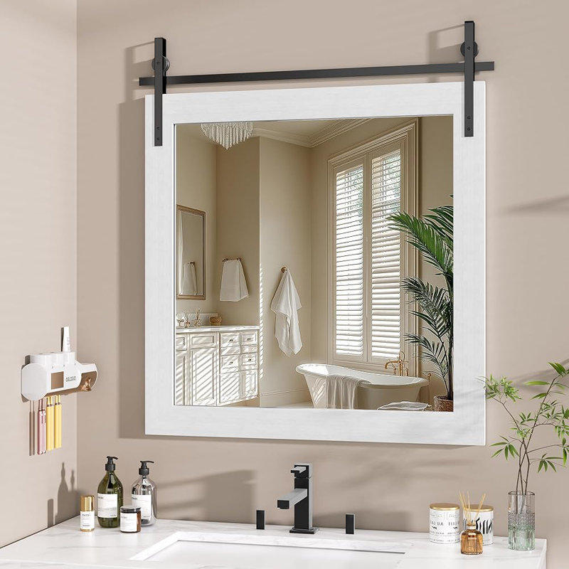 Miroir décoratif moderne en bois massif de style campagnard rustique, 31 po x 31 po, Blanc