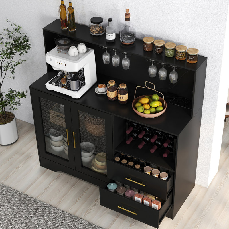  Armoire à vin moderne avec lumières à DEL, bar à café avec supports à vin et porte-verre, station de charge