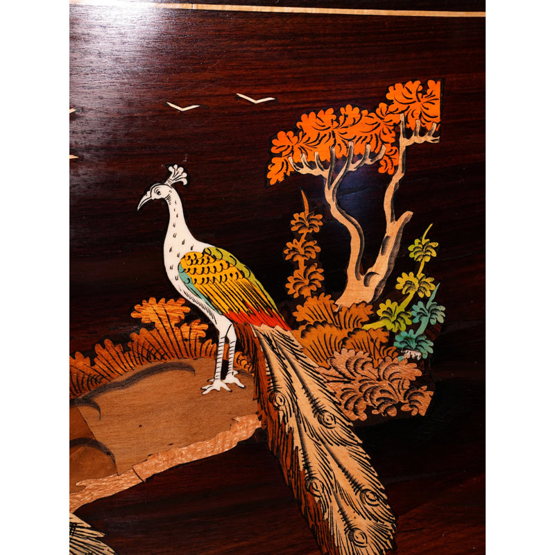 30" Many Attractive Peacocks in Jungle 3D Wood Painting – Natural Color Mysore Rosewood Panel with Traditional Inlay Work, Handcrafted Wildlife Art