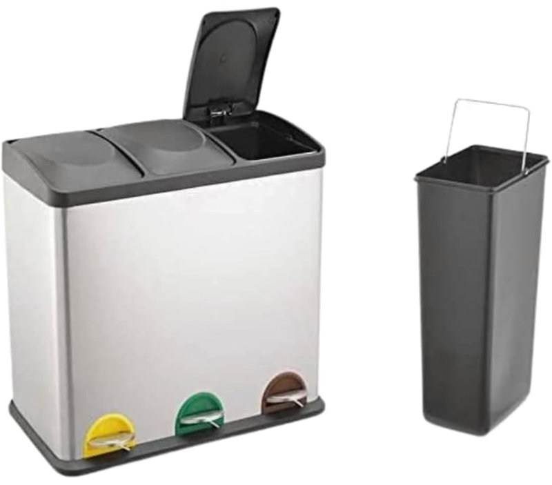 Dakyla Stainless Steel Step On Multi-Compartment Rubbish & Recycling Bin, 45, 48.5cm H x 60.5cm W x 35cm D