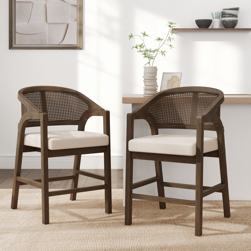 Darise 24.25” Seat Height Pe Rattan Counter Stools With Rubberwood Frame, Walnut