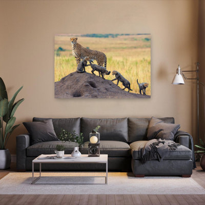 Wild Cheetah Family Playful Contemporary Cat Animal Landscape Wall Art Print 1 Piece Wrapped Canvas Wall Art