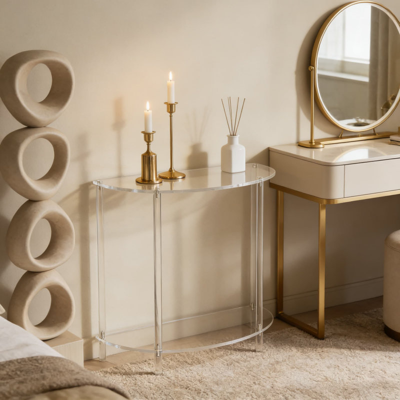 Console demi-lune en acrylique transparent avec 2 niveaux, table d'entrée peu encombrante pour le salon, le couloir ou le canapé derrière, conception moderne facile à assembler
