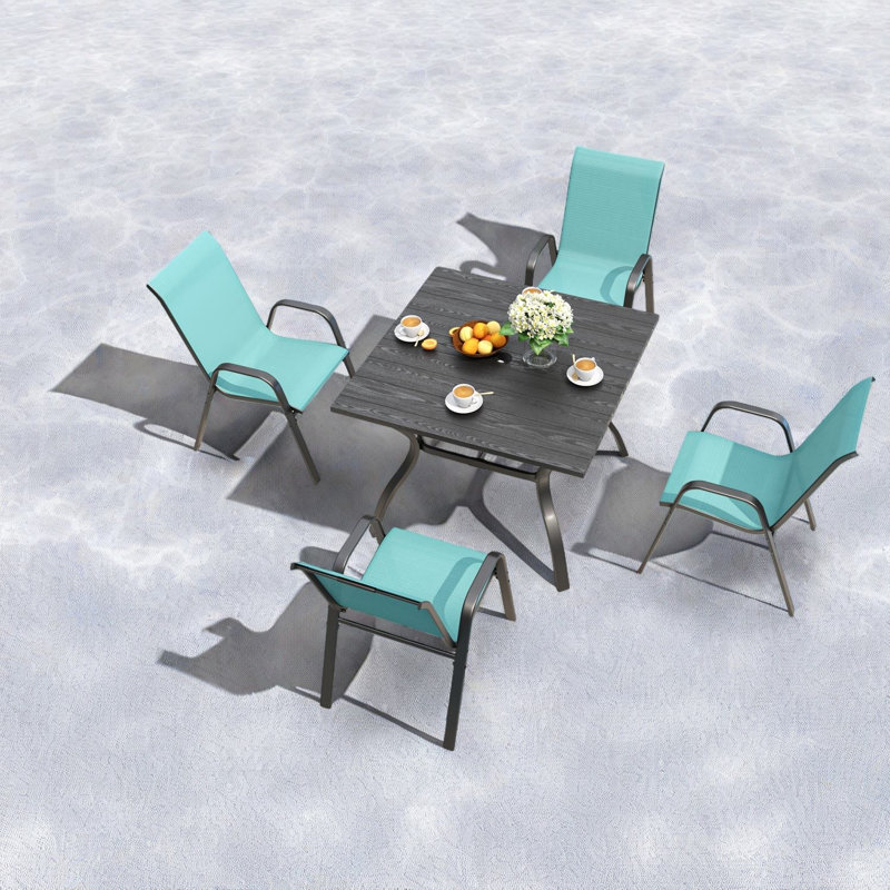 Ensemble de salle à manger de patio durable 5 pièces, table à grain de bois rétro, style industriel, idéal pour le jardin et l'extérieur