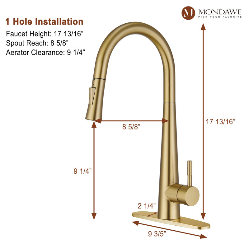 Mondawe Pull Down Kitchen Faucet, Brush Gold
