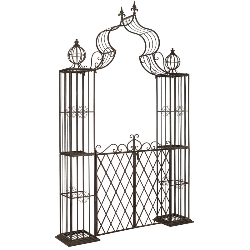 Tonnelle en fer avec barrière Halchita l 67,8 po x P 15 po, Brun rustique