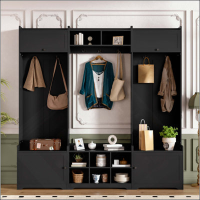 Modern Hall Tree With Shoe Storage, 4-In-1 Entryway Bench With 8 Cubbies, 7 Coat Hooks & Adjustable Shelf For Hallway, Living Room