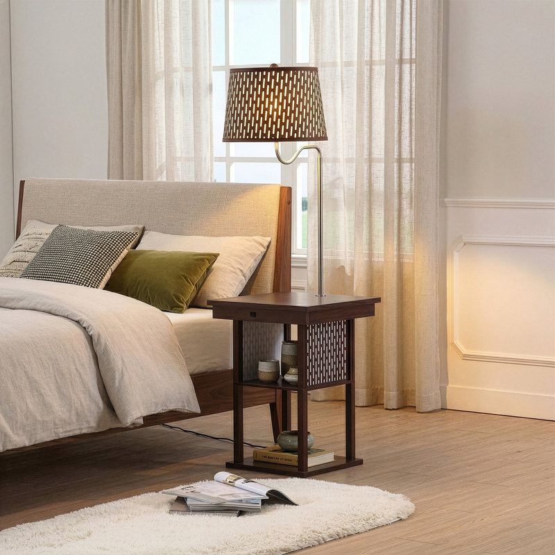 Madison 56 in. Modern LED Bedside Table Lamp with Fabric Drum Shade and Wireless Charging Pad, Brass