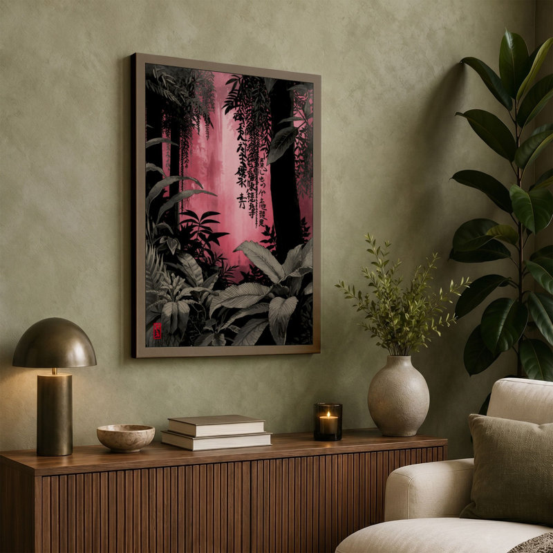 Pink Light Through Jungle Surrealism - Wrapped Canvas, 18x12 - 45.7 x 30.5 cm, Teal Border