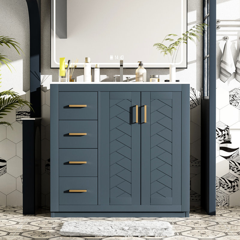 Armoire de salle de bain 36 po avec lavabo en céramique, charnières, 3 tiroirs, rangement spacieux, motif de rainure unique, poignée en métal exquise, glissière de tiroir lisse, style rétro, facile à assembler pour 36