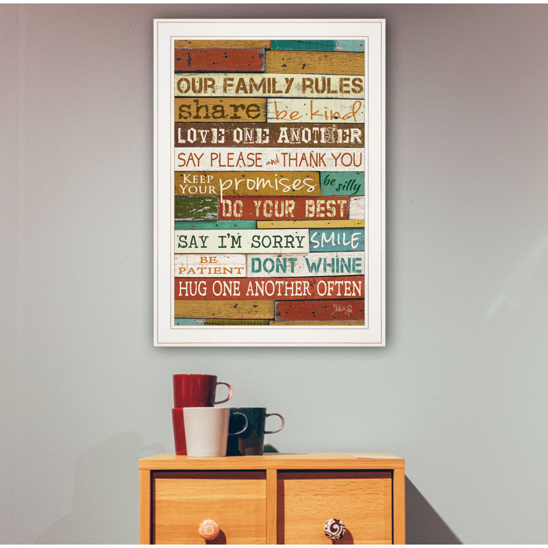 Reproduction d’art textuel sur papier encadrée "Our Family rules" par Marla Rae, Cadre blanc