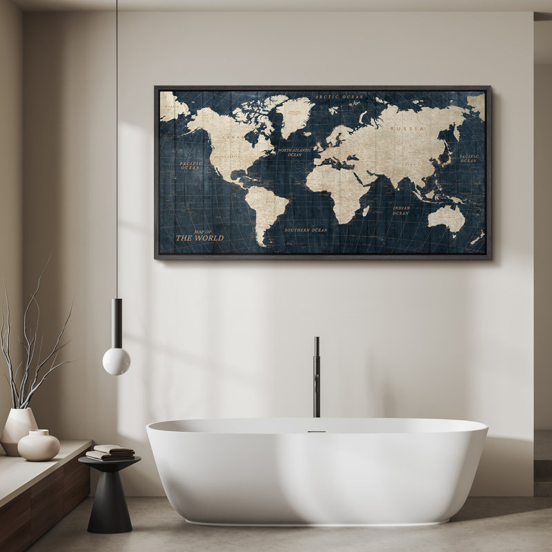 Vintage Blue World Map Educational Home Office Wall Decor Extra Large Pictures Framed Canvas Print Wall Art, Black Frame