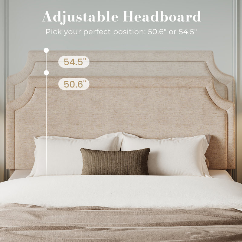 Lit tapissier en chenille moderne avec tête de lit réglable et pieds en bois massif, Très grand lit, Beige