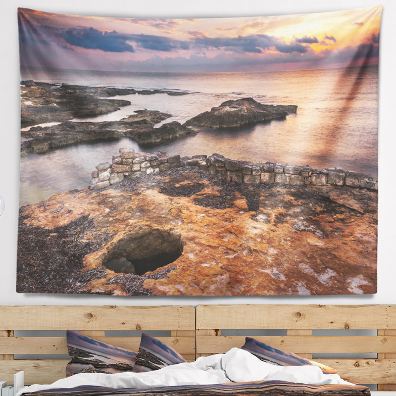 Tapisserie coucher de soleil ruins on beach antique, H 32 po x l 39 po