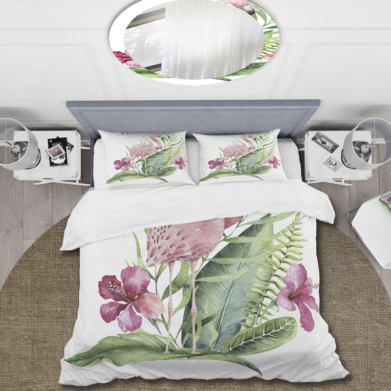 Flamant rose avec feuillage exotique et fleurs roses - ensemble de housse de couette traditionnel - microfibre de polyester