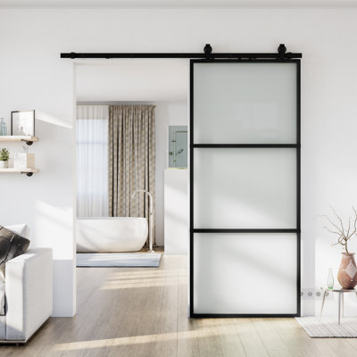 Porte de grange coulissante en métal et en verre givré 30 po x 84 po avec quincaillerie d'installation (fermeture en douceur incluse)