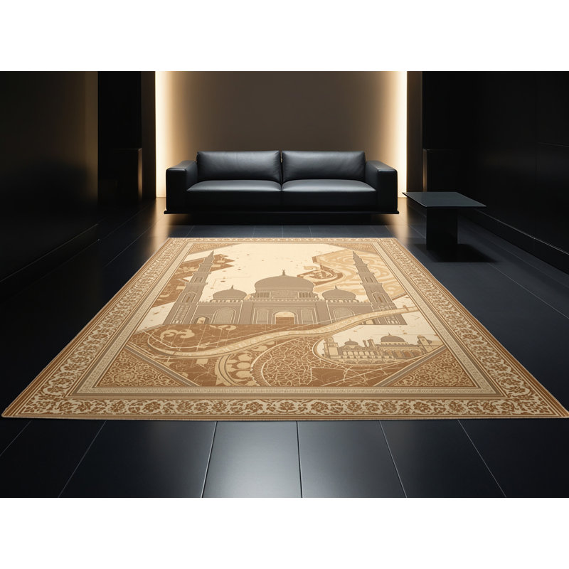 Machine Washable Paizlei Abu Dhabi Sheikh Zayed Mosque Posh & Luxe Oriental Rug in Brown – Beige Binding, 6x9