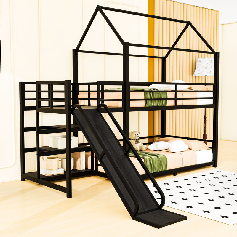 Metal Bunk Bed With House-Shaped, Slide And Guardrails, Twin Over Twin