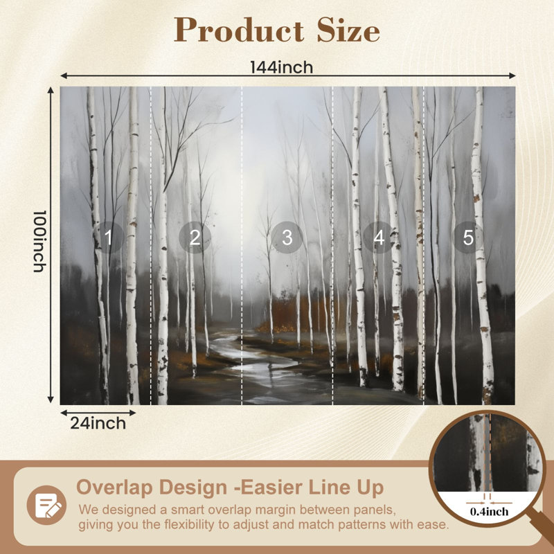 Peel and Stick Wallpaper White Birch Tree Grey Forest Abstract Landscape Panoramic Wall Murals 100"H x 144"W Removable PVC Wall Paper Self-Adhesive Wall Decor for Bedroom Living Room Home Office