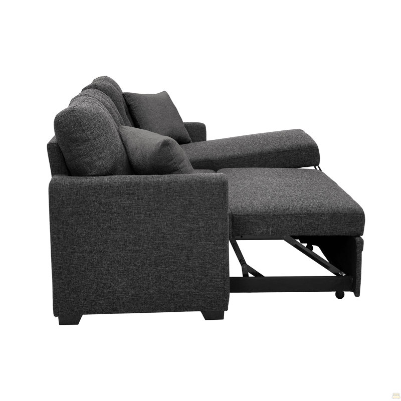 76.5" Linen Blend Upholstered Sectional With Pull-Out Bed And Chaise Storage, Charcoal Black Linen