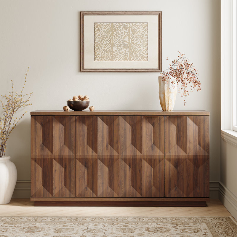 Designer Modern Textured 59'' Three-dimensional Relief Sideboard, Walnut