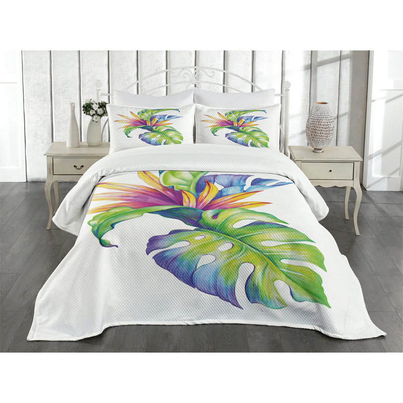 Ambesonne Plant Bedspread Set Abstract Colored Leaves Multicolor, Queen Bedspread + 2 Standard Shams