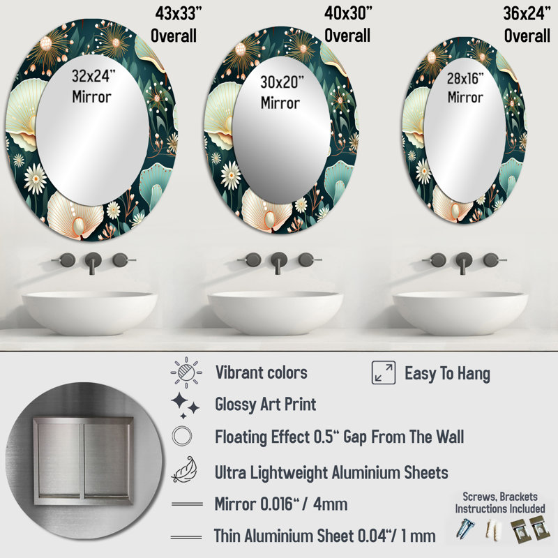 Tarres - Grand miroir mural ovale sur métal, H 36 po x l 24 po