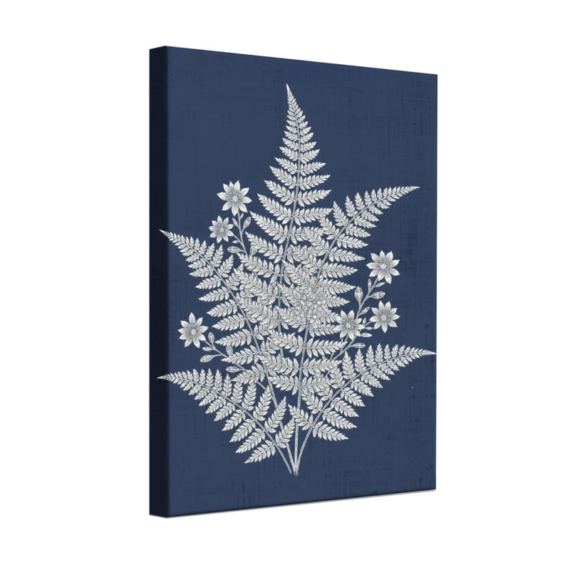 Plantes et fleurs, fougère argentée et fleurs sur fond bleu marine, H 24 po x l 16 po