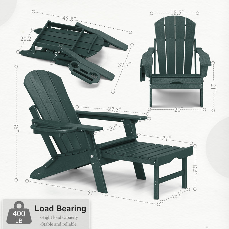 Chaise Adirondack pliante et réglable en PEHD Celese avec repose-pieds, Dark Dreen