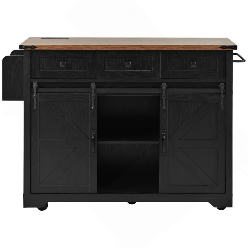 53.7" Farmhouse Kitchen Island With Power Outlet, 2 Sliding Barn Door Kitchen Storage Island With Drop Leaf, Spice Rack Rolling Kitchen Cart On Wheels, For Home, Kitchen And Dining Room, Black
