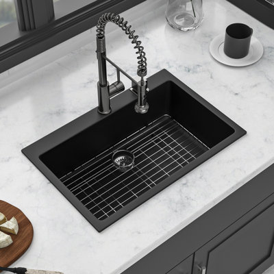 Black Granite Composite Sink 33X22", Quartz Material, Strong And Long-Lasting, Minimizes Dirt Noise, Easy To Keep Clean Look, , Smooth Surface Dirt, Quiet Hygienic Maintenance