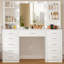 Table de maquillage avec 11 tiroirs, 6 tablettes de rangement ouvertes et 5 crochets, 3 modes d'éclairage réglables en luminosité, bureau de coiffeuse avec miroir et lumières, prise de courant, table de coiffeuse pour chambre à coucher, blanc