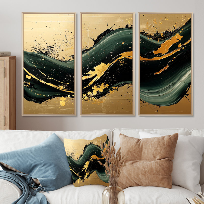 Golden Sands of Emerald Marble Shadows II - art mural encadré en marbre - ensemble de 3, H 32 po x l 48 po, Érable