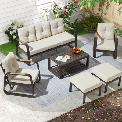 Ensemble de meubles de patio en aluminium 6 pièces avec table basse pour conversation extérieure Suvivitése comprenant un canapé réglable à 3 places, 2 fauteuils hydrauliques, 2 repose-pieds pour balcon, jardin, piscine