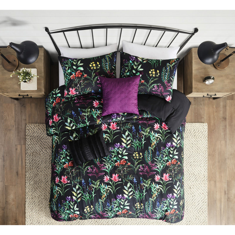 5 Piece Comforter Black Full/queen, Elegant Botanical Pattern, , 2 Decorative Pillows, Matching Shams, , Machine Washable Full/queen Bed , Pieces, With Enticing Print, ,