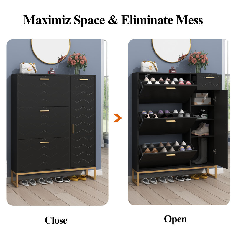 Black Modern MDF Shoe Storage Cabinet with Gold Handles