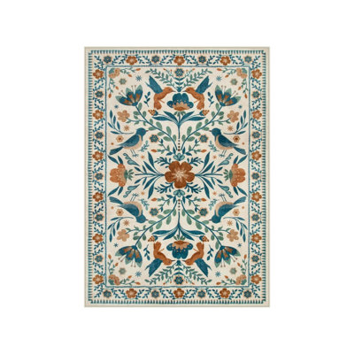 Bohemian Floral Bird 5' x 7' Rug for Nursery Bedroom, Blue Orange