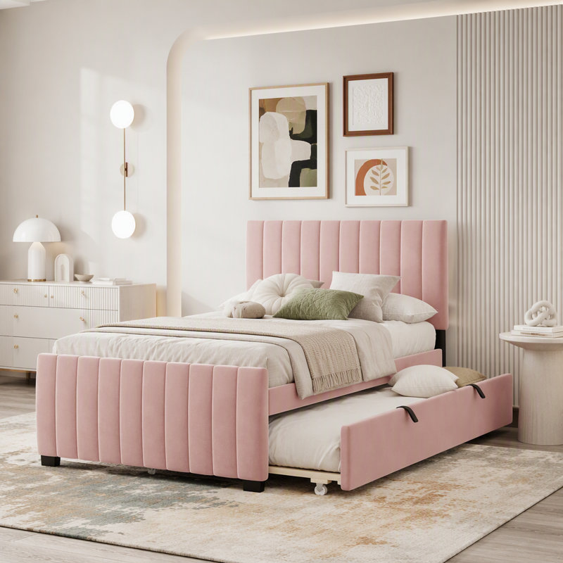 Lit plateforme tapissier en velours avec lit gigogne simple, Simple, Rose