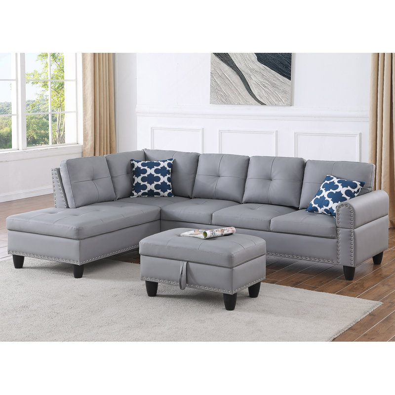 Gray Faux Leather L - Shaped Sectional With Storage Ottoman