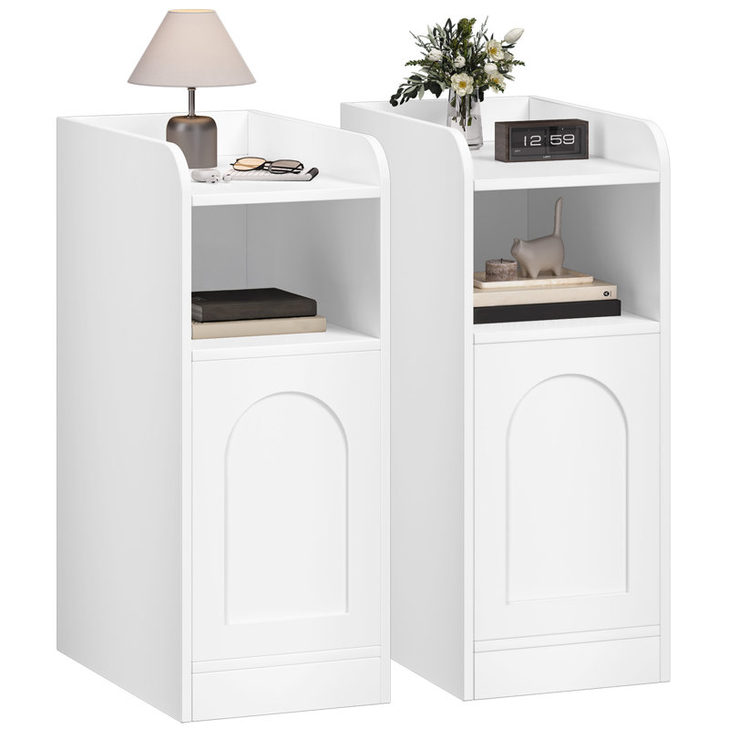 Slim Bedside Tables Set of 2 with Cabinet, Narrow Side End Table with Reversible Door, Bedside Cabinet with Adjustable Shelves, Nightstand for Bedroom, Living Room 