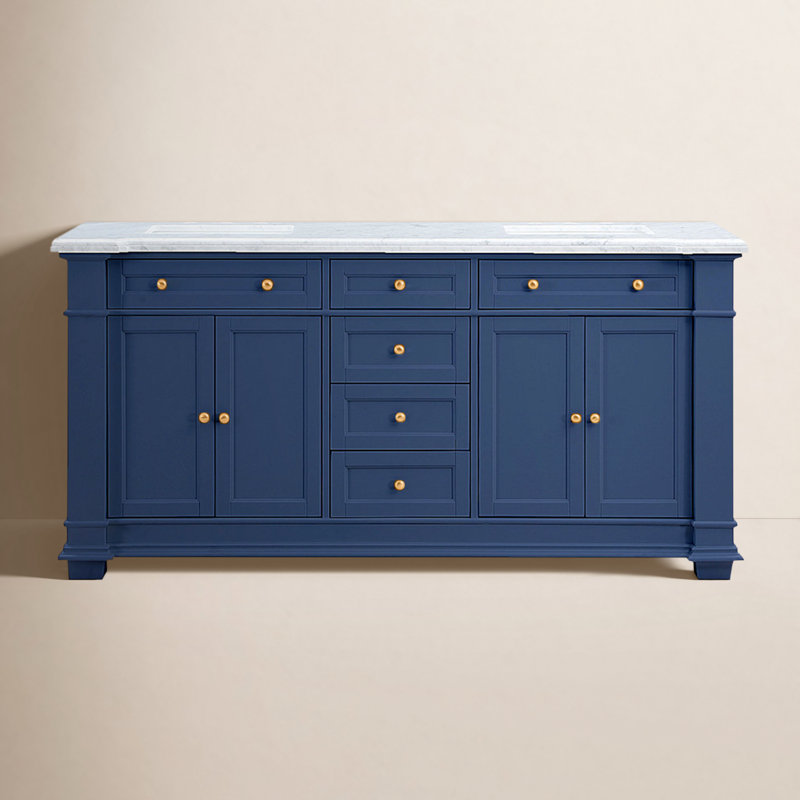 Rea 72'' Double Bathroom Vanity with Carrara Marble Top, Navy
