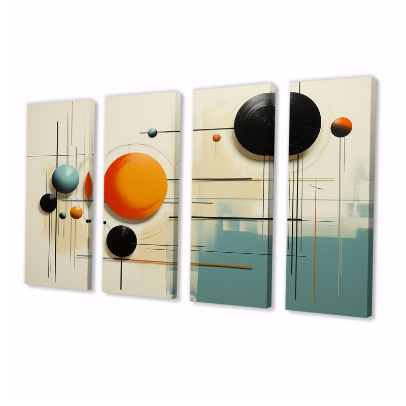 Ensemble d'art mural géométrique circulaire gris pastel - Mid-Century 4 pièces, H 32 po x l 64 po