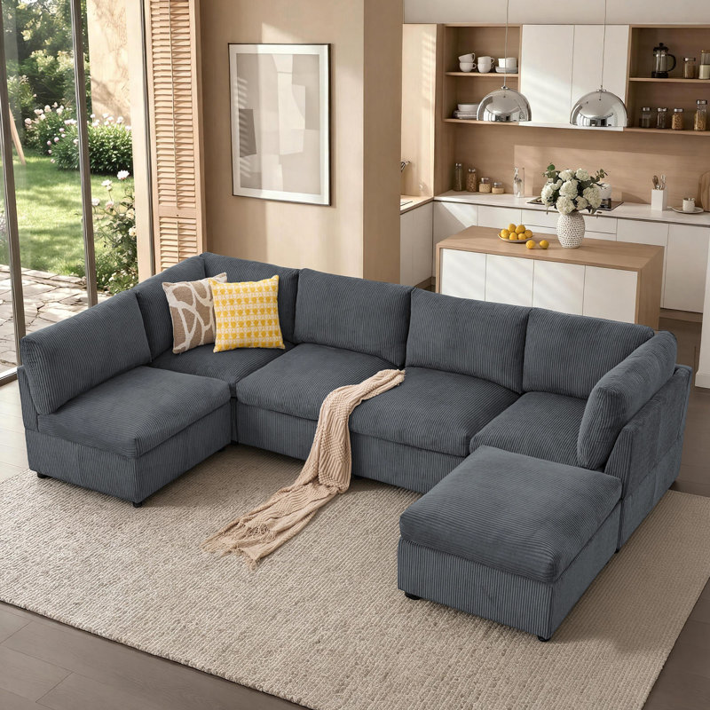 130" Oversized Corduroy Modular Sectional Sofa with Ottoman, 6-Seater Couch for Living Room,  Dark Grey, Gray Corduroy