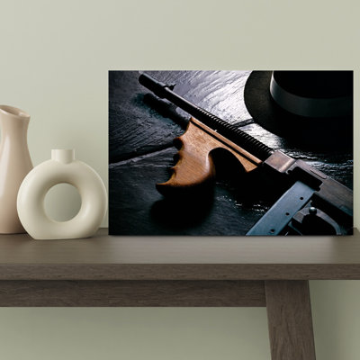 Smoking Thompson Sub Machine Gun And Hat On Cold Wet Slate Contemporary Wall Art