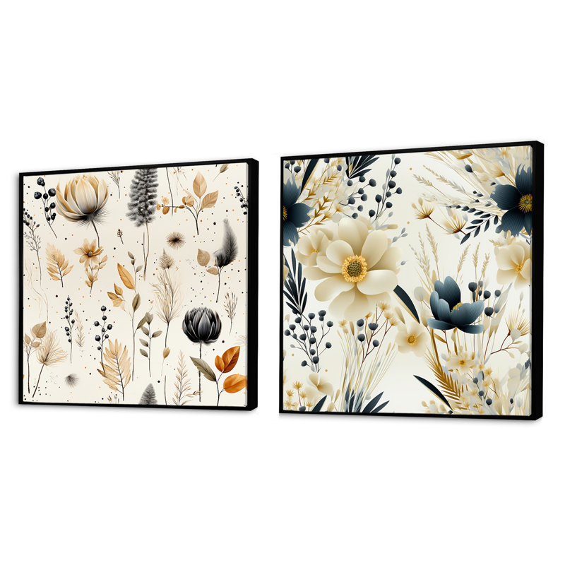 Fleurs géométriques grises et beiges - ensemble de 2 carrés botaniques abstraits, Cadre flottant noir, H 16 po x l 33 po