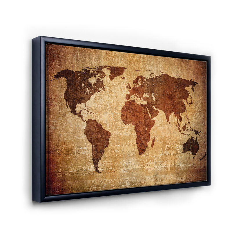 Ancient Map Of The World XI - Floater Frame Print on Canvas, Black, 16" H x 32" W x 1" D