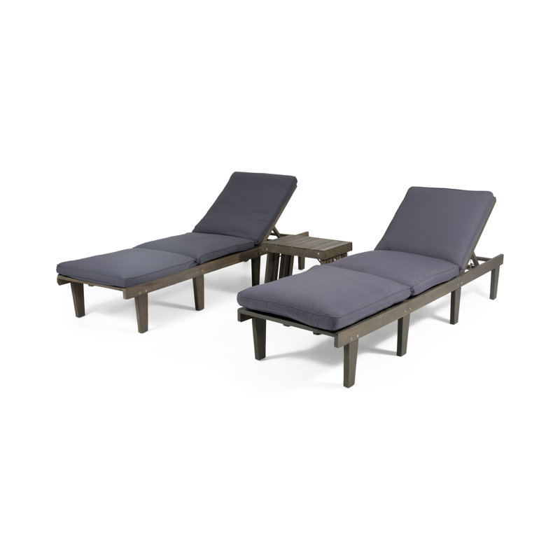 Outdoor Acacia Wood Chaise Lounge with Table , Cushion Included, Gray, Dark Gray