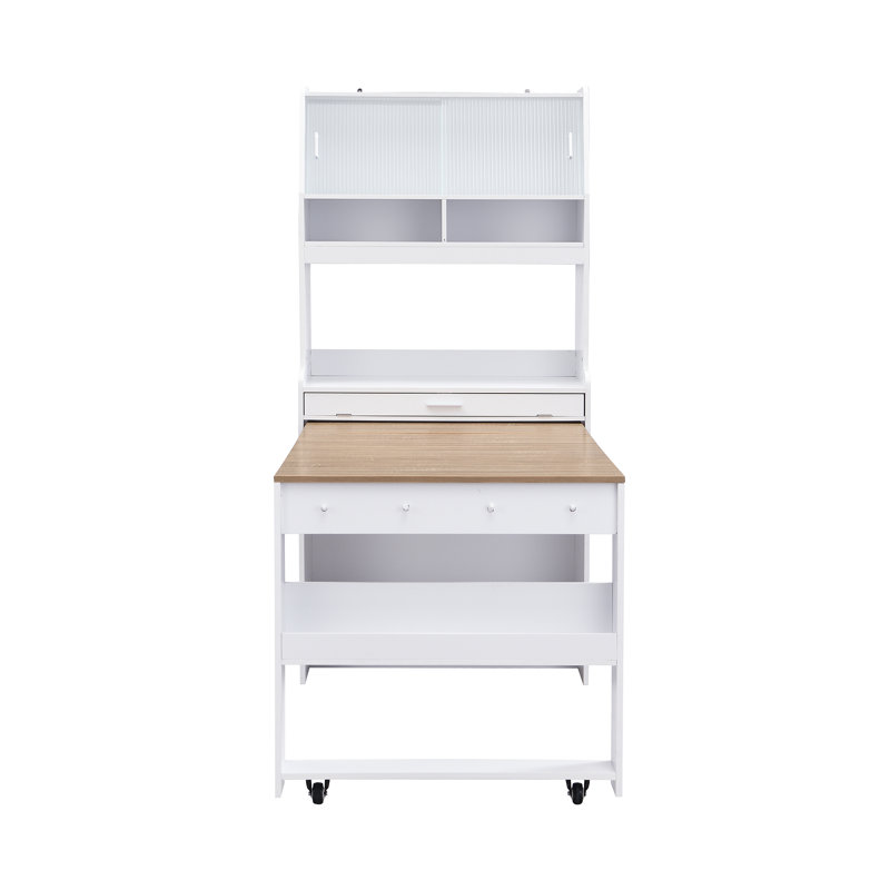 Collapsible Dining Table with Storage Hutch, White, Natural Wood